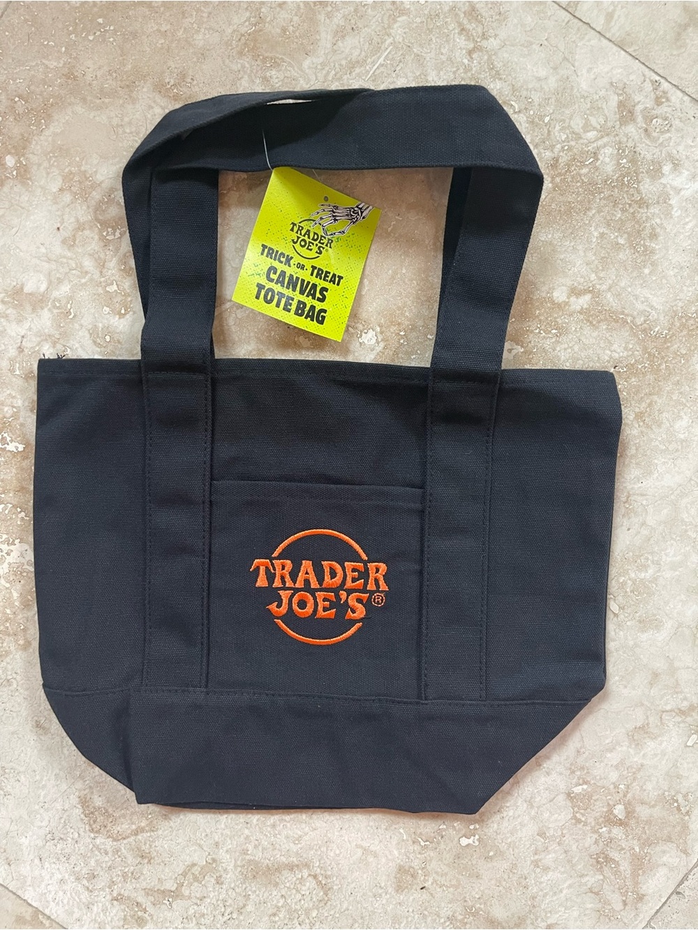 Trader Joe’s Halloween Trick or Treat Black Canvas MiniTote Bag with Orange Logo